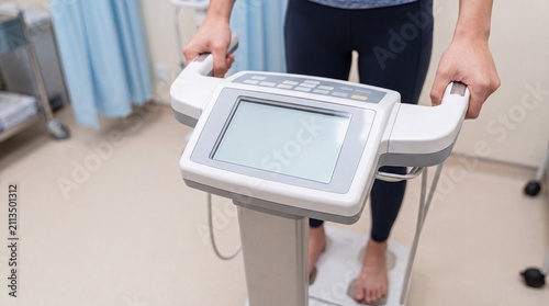 A person stands barefoot on a digital body composition scale holding the handles to measure ad social media download thambnail poster web template event festival 2026 2027 2028