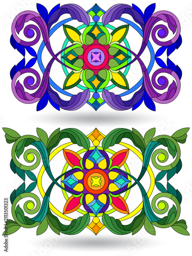 A set of illustrations in a stained glass style with abstract botanical elements, isolated on a white background