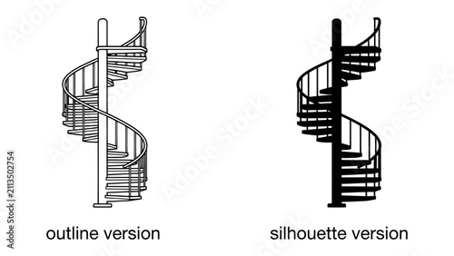 Fotografía Spiral Staircase Set: Two identical spiral staircases, one in outline and the other in silhouette, are presented side-by-side, offering a study in contrast and design