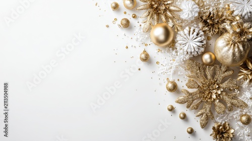 Elegant Gold and White Christmas Decoration with Ornaments, Snowflakes, and Sparkling Accents for Festive Celebrations