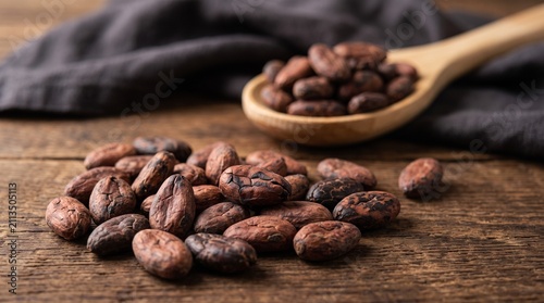 Delicious roasted cacao beans are scattered on a wooden surface with a spoon