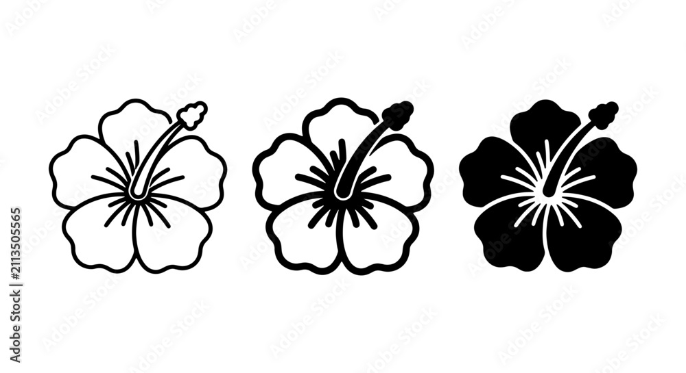 Fototapeta premium Hibiscus Flower Icons, Tropical Bloom Vector Graphics, Floral Silhouette Set