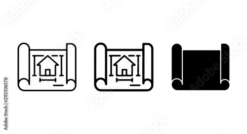 Architectural Blueprint Icons: House Plan, Building Design, Construction Scroll Vector Set