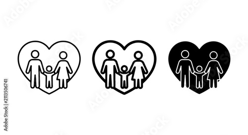 Family Love Icons: Three Heart Silhouettes with Parent and Child Figures, Vector Graphics