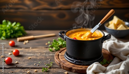 Savory cheese fondue pot set in the top left corner on a rustic wood background, in a sleek food photography style, with cozy glowing ambiance, ample free space, high resolution