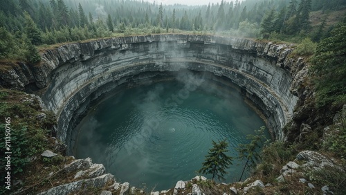 A deep, circular natural sinkhole or crater surrounded by dense forest, with calm water at the bottom.