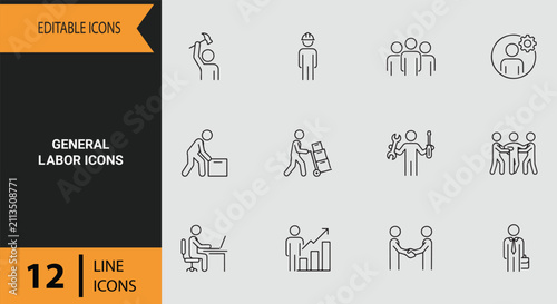 General Labor Work Force Manual Employment Job Task Outline Line Icon Pack