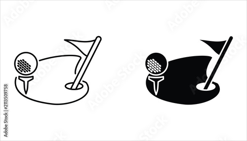 Golf icon set. Golf stick, Golf Ball and Golf Flag symbol. For web design. Vector illustration Isolated on white background.