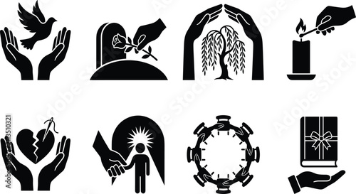 Fotografie Black Funeral and Grief Support Silhouette Icon Set Featuring Dove, Gravestone,
