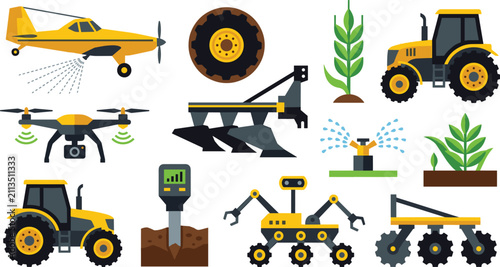 Foto Smart Agriculture and Precision Farming Icon Set with Tractor Plow Monoplane Cro