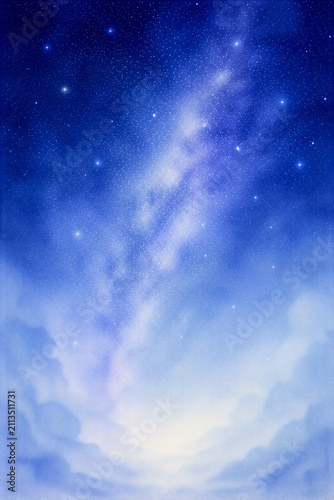 天体観測をイメージした抽象水彩背景　静かな夜空と星の光が広がる余白デザイン