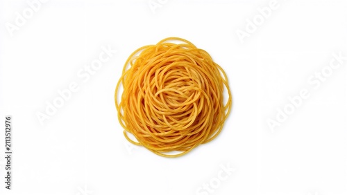 A bundle of cooked spaghetti pasta arranged in a circular shape on a white background.