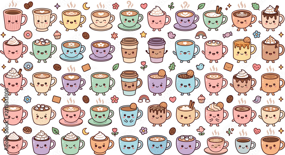 Fototapeta premium Adorable kawaii coffee cup character vector set featuring smiling mugs, takeaway cups, latte art, whipped cream, donuts, and sweet pastel decorations