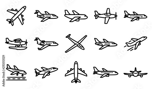 Photography Airplane icon set vector line illustration with various commercial jet plane air
