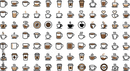Konstfotografi Hot coffee and cafe icon set featuring filled outline vector icons for espresso,