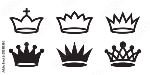 Canvas Print Collection of six stylized black crown icons vector set isolated on transparent background