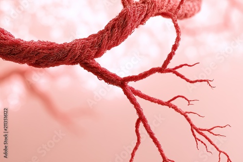 Close-up of a branching red fibrous structure against a soft pink background