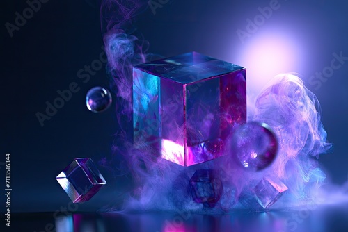 Luminescent, ethereal cube floats amidst swirling violet vapor and spheres