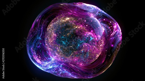 Vibrant cosmic bubble filled with glowing particles and swirling energy currents