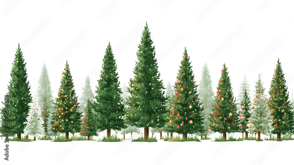 Obraz premium Row of green pine trees with snow and decorations isolated on transparent background