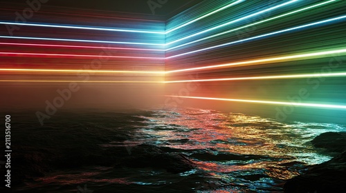 Futuristic neon light streams across a dark, misty ocean with reflected colors