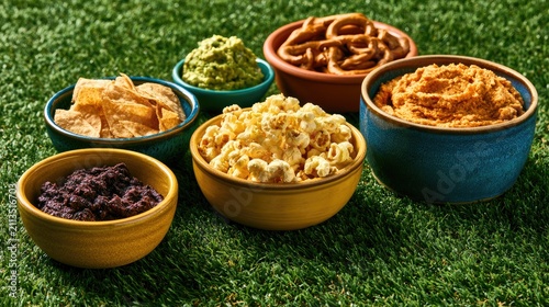 Colorful bowls of snacks on green turf, including dips and crunchy treats