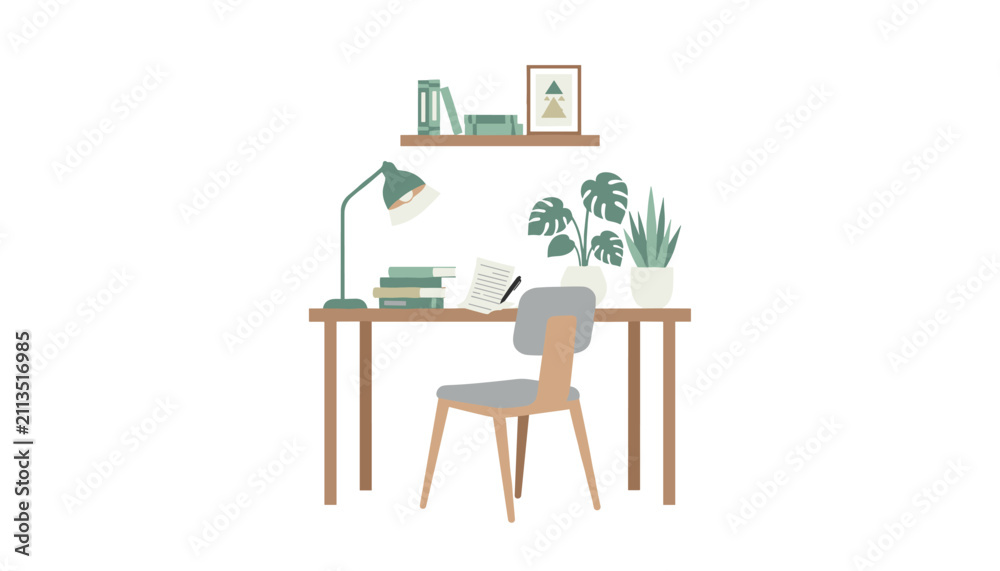 Fototapeta premium Minimalist home office workspace setup featuring a wooden desk comfortable chair green plants stack of books and a lamp.