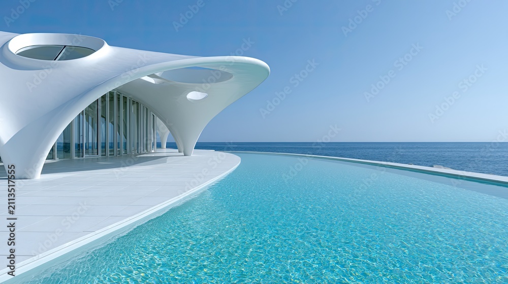 Fototapeta premium Futuristic white structure with infinity pool overlooking the ocean
