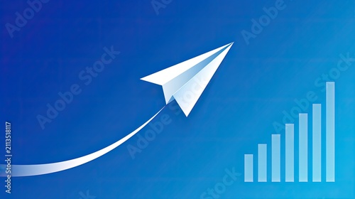 Paper airplane ascending against blue gradient, with a growing bar chart