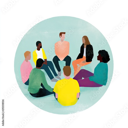Diverse people sit in a circle, engaged in conversation and community