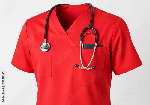 Red medical scrubs shirt with a stethoscope around the neck