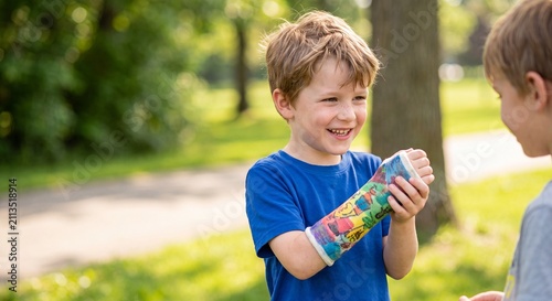 A smiling young boy in a blue t-shirt standing in a sunny park, proudly showing his colorful, decorated arm cast to his friend.
