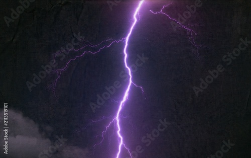 Brilliant purple bolt of lightning illuminates dark, stormy sky