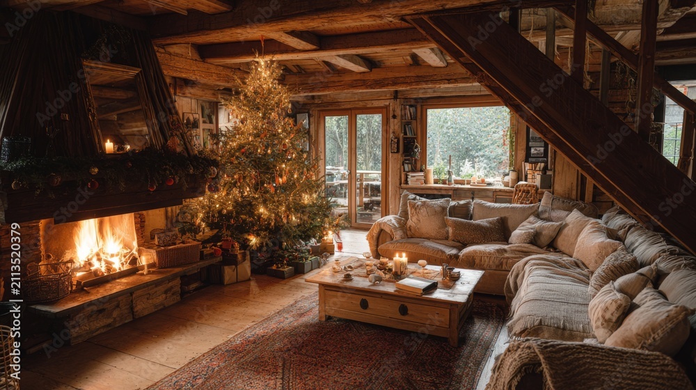Fototapeta premium Cozy rustic living room with a warm fireplace and Christmas tree, creating a festive and inviting atmosphere for winter gatherings