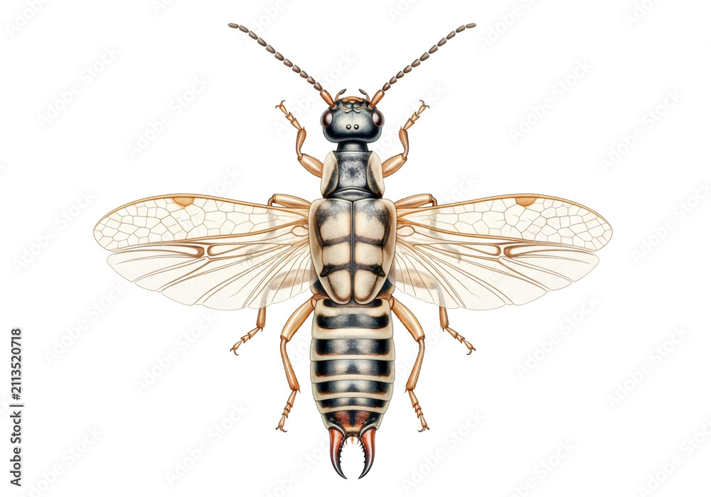 Fototapeta premium Detailed top view illustration of a winged earwig insect