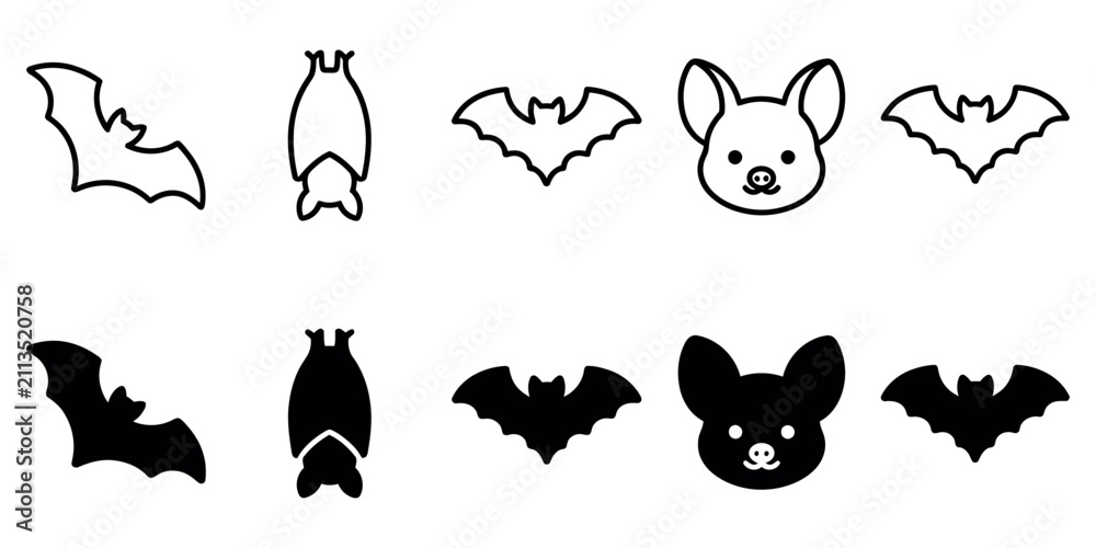 Obraz premium Bat icon set with hanging and flying animals depicted in outline and solid black style for halloween projects and nocturnal wildlife design resources isolated graphics.