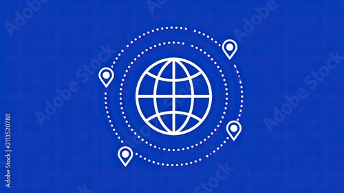 Globe surrounded by location pins and dotted circles on a blue background