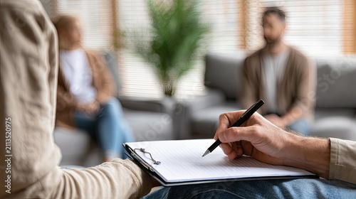 A therapist takes notes during a counseling session with a couple
