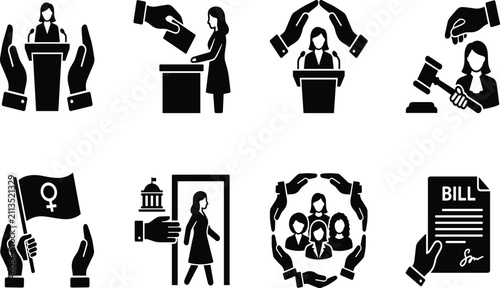 Black Women Politics and Government Leadership Silhouette Icon Set Featuring Voting, Speech, Law, Activism, and Legislation