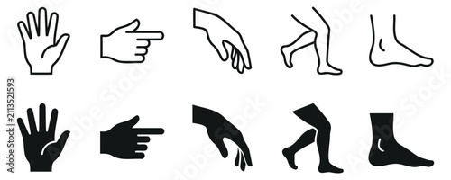 Human body parts icons set featuring hands pointing finger palm leg walking and foot silhouettes in both line art and solid black styles for medical or anatomy use cases.