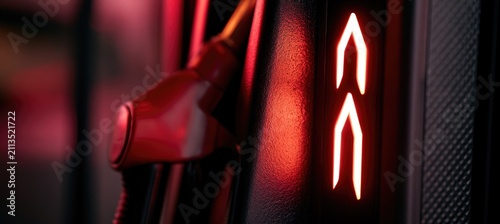 Red fuel nozzle and illuminated indicators on a dark, textured surface