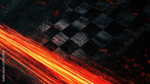 Fiery streaks blaze across a gritty, checkered finish line
