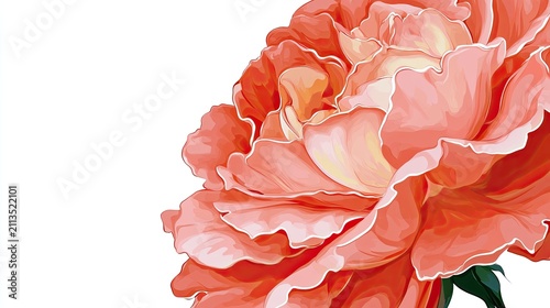 Delicate petals of a blooming coral-pink rose unfurl on white