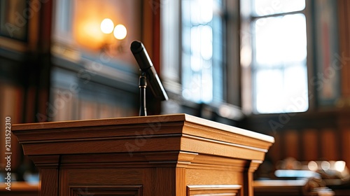 A wooden podium with a microphone stands in a dimly lit room