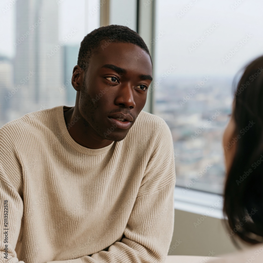 Fototapeta premium Engaged professional man in beige sweater conversing in office with panoramic city view for interview and corporate communication background