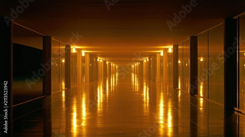 Illuminated, reflective corridor with a sense of depth and endlessness
