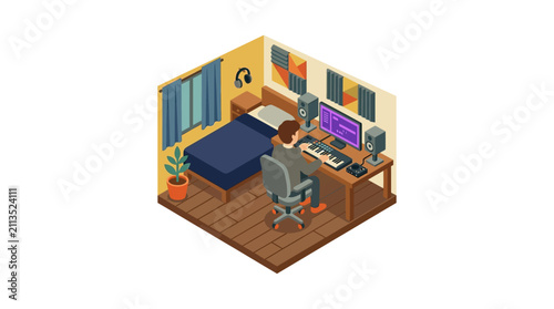 Isometric illustration of a man producing music in a bedroom studio