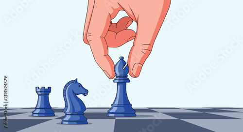 Detailed close-up of a human hand strategically moving a blue chess bishop piece across a checkered game board.