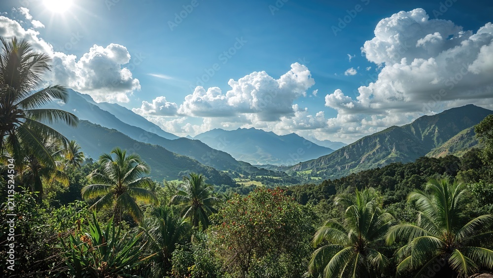 Obraz premium Vast tropical landscape with mountains, lush greenery, and palm trees under a bright cloud-filled sky.