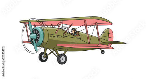 Vintage olive green biplane with pink accents and a pilot in the cockpit is flying through the air, shown in a simple cartoon art style.